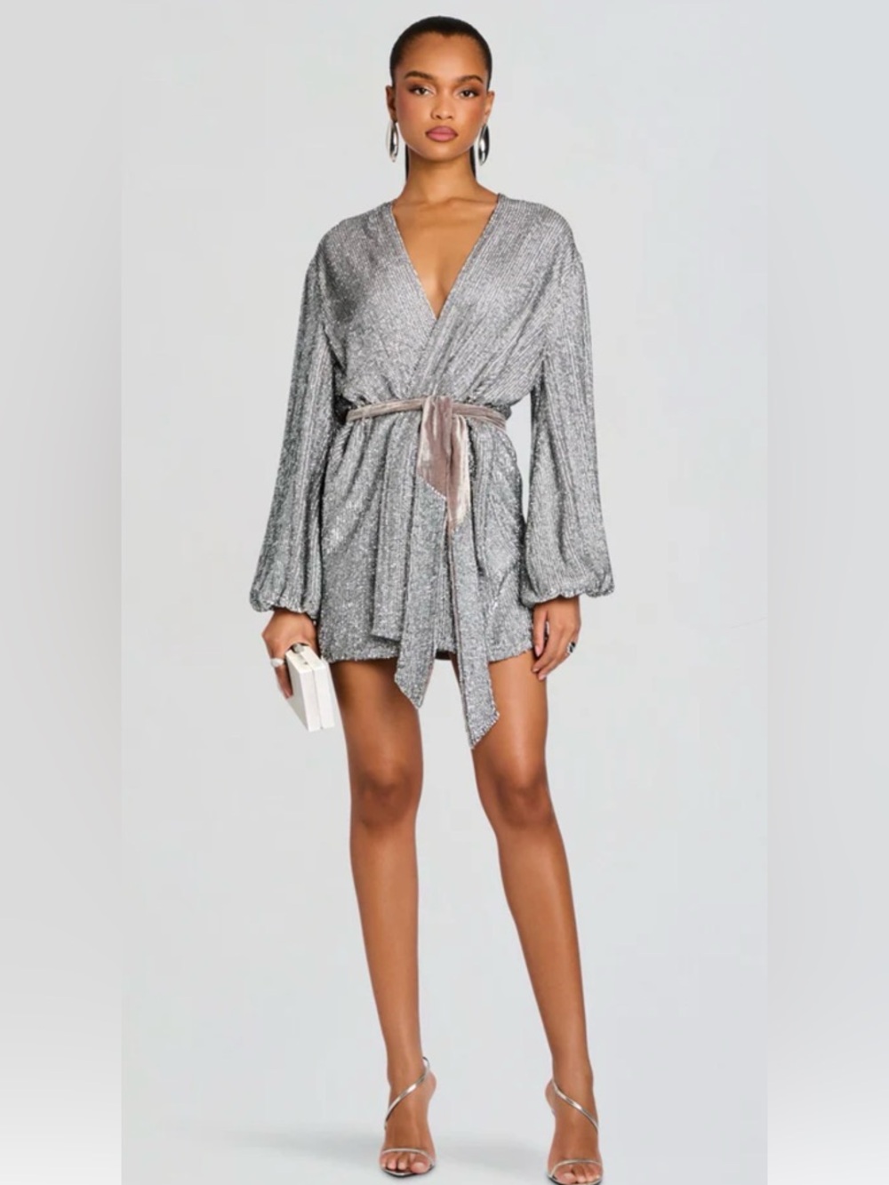 Retrofete GABRIELLE ROBE Metallic Gray Ribbed Wrap Robe with Velvet Tie